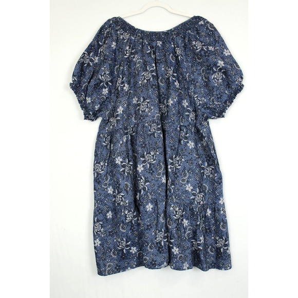 Torrid Mini Chambray Dress Women 2X Puff Short Sleeves Smocked Neck Blue Floral - Picture 2 of 12